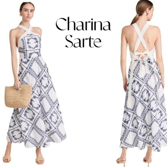CHARINA SARTE Navy/White Maria Maxi Halter Dress Sz S NWT - Picture 1 of 8